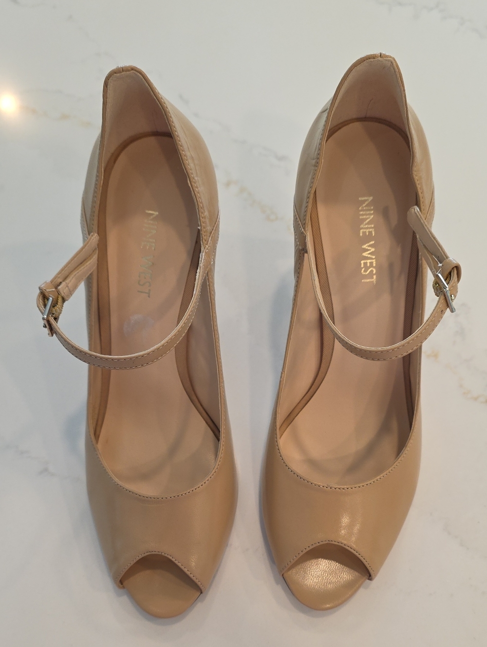 Nine West Leather Tan/Nude Peep-Toe Mary Jane Heels, Size 8 1/2; 4" Heals.